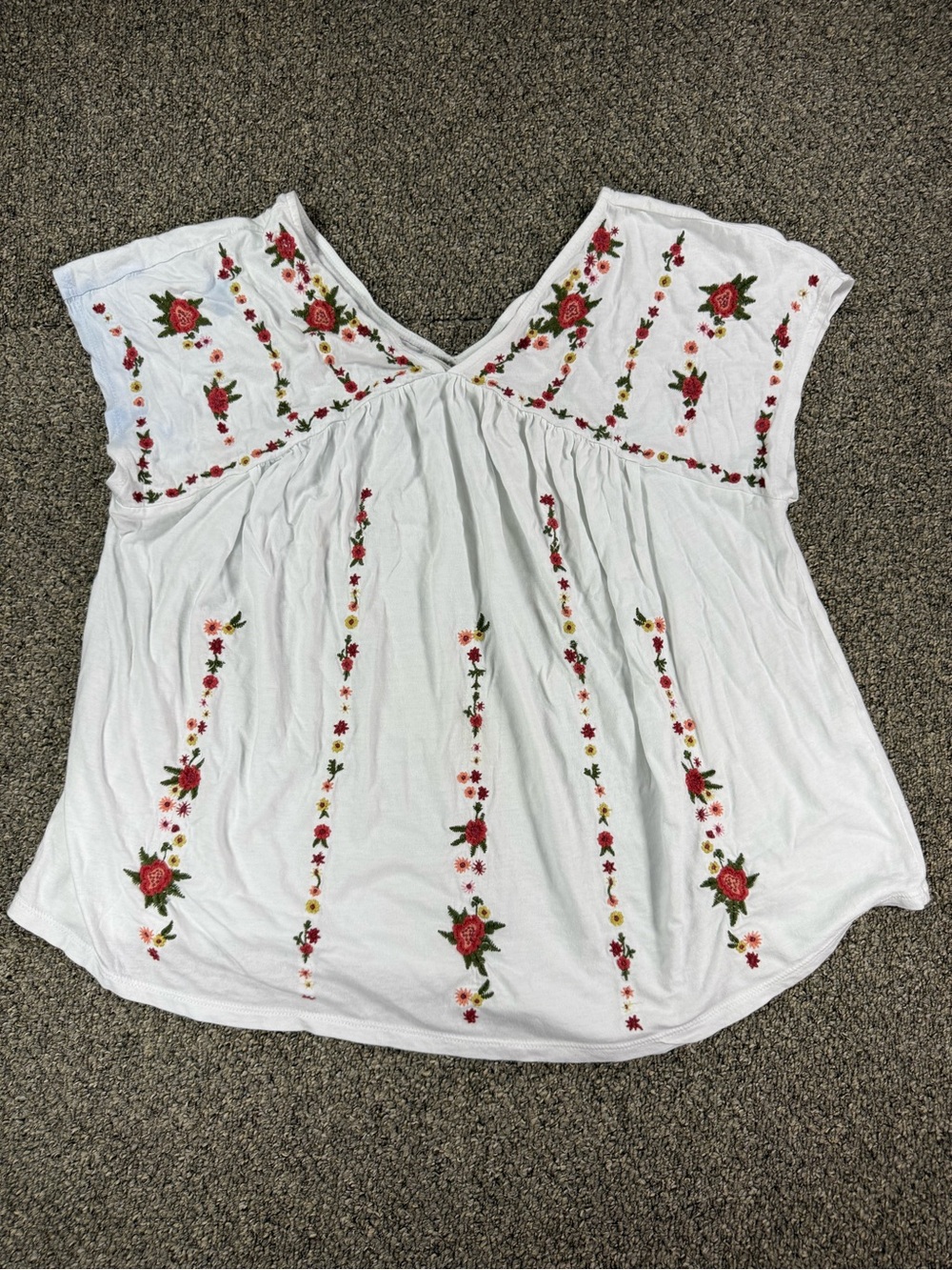 Lucky Brand White Blouse with Red & Green Floral Embroidery